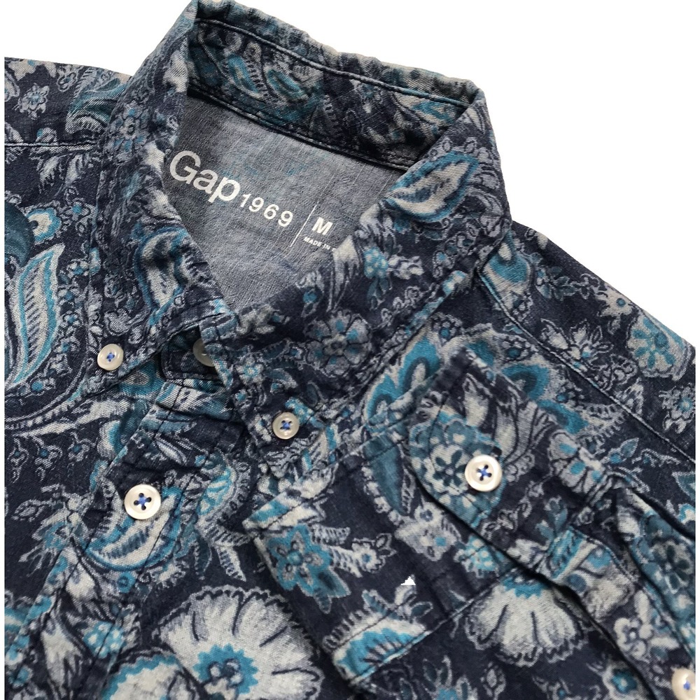 Gap 1969 Button Shirt Mens M Blue Indigo Paisley Floral Long Sleeve Heavyweight